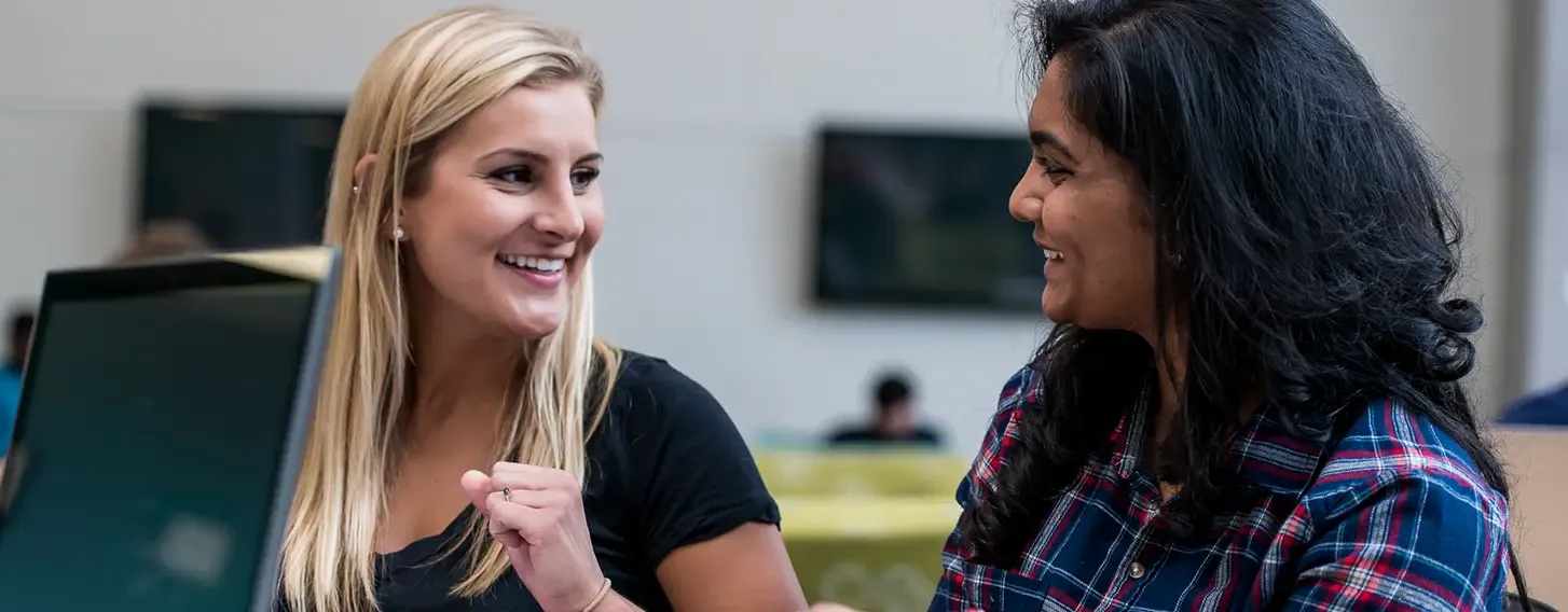 Two women sitting at a table, engaged in conversation during a beehive hangout.